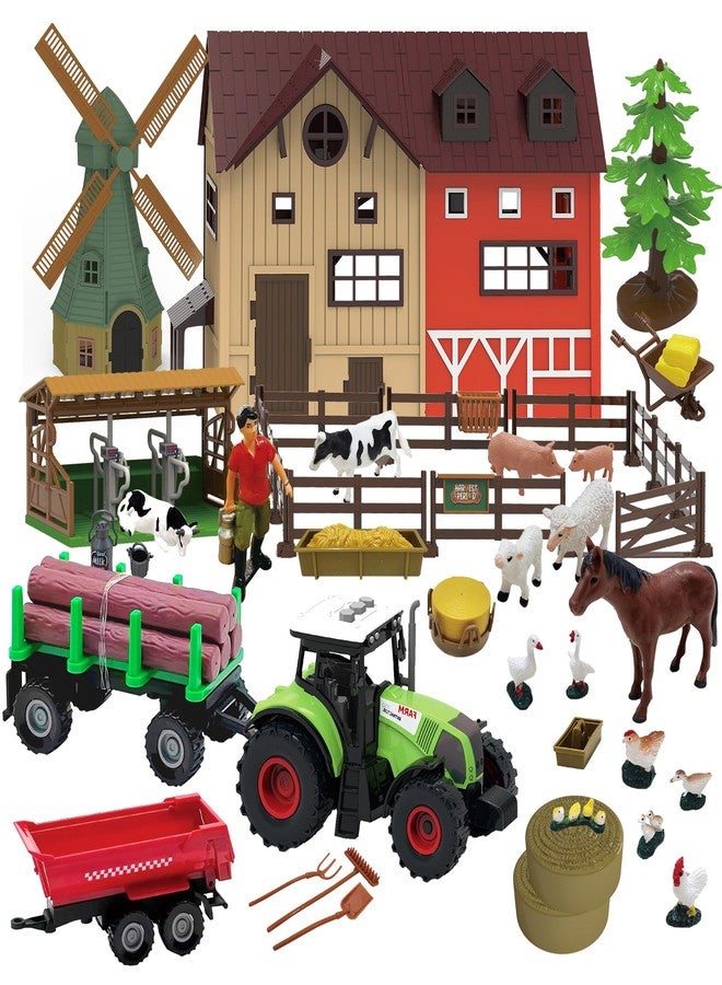 lonfypeng 136PCS Farm Animals Toys Set Comes with Barn, Tractor Trailer, Milking shed, Windmill, Farmer, Fence - Playset for Kids Toddlers Boys Girls 5+ Years Old - Image 1